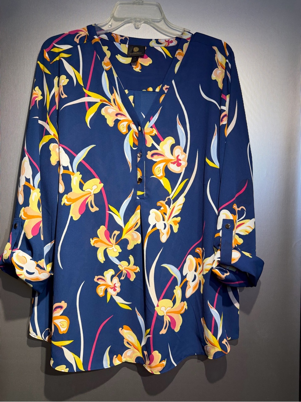 JM Collection Navy Floral V-Neck Button Tunic
